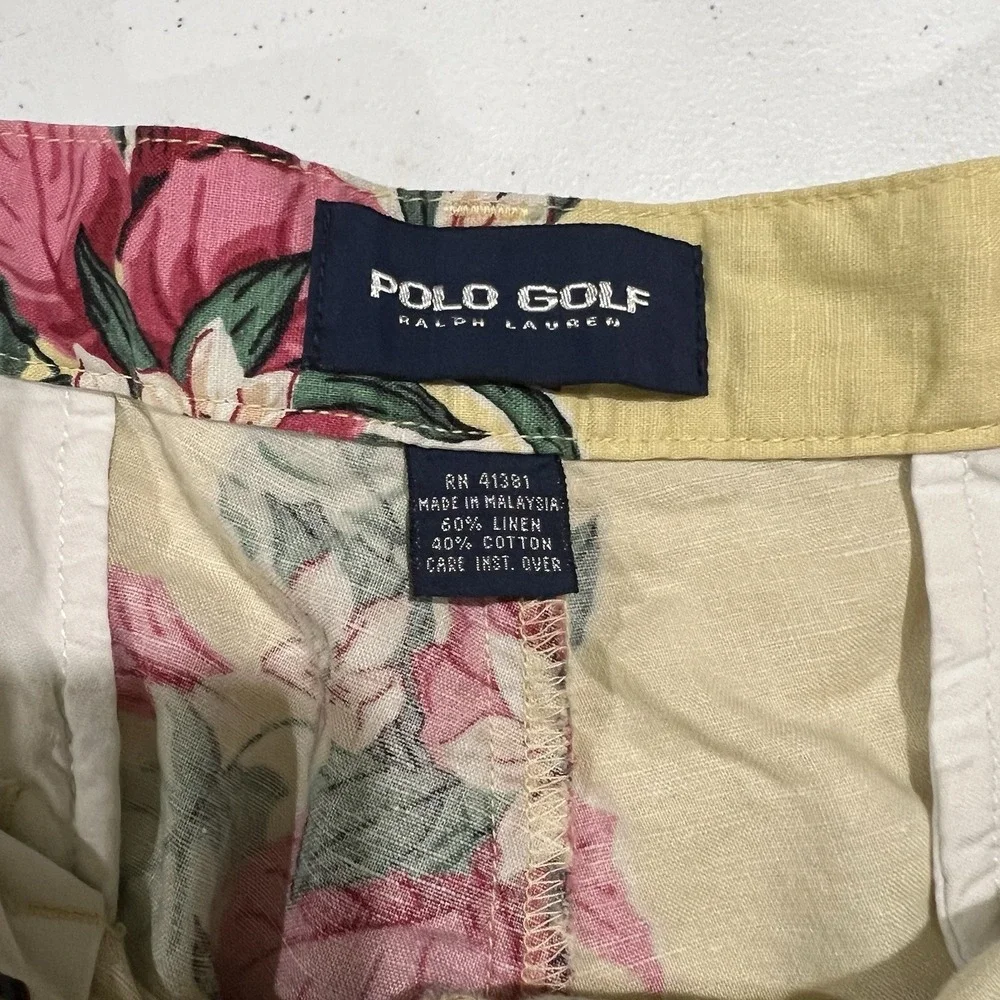 Polo Golf Ralph Lauren Men 34X7 Yellow Linen Cotton Shorts Tropical Hibiscus